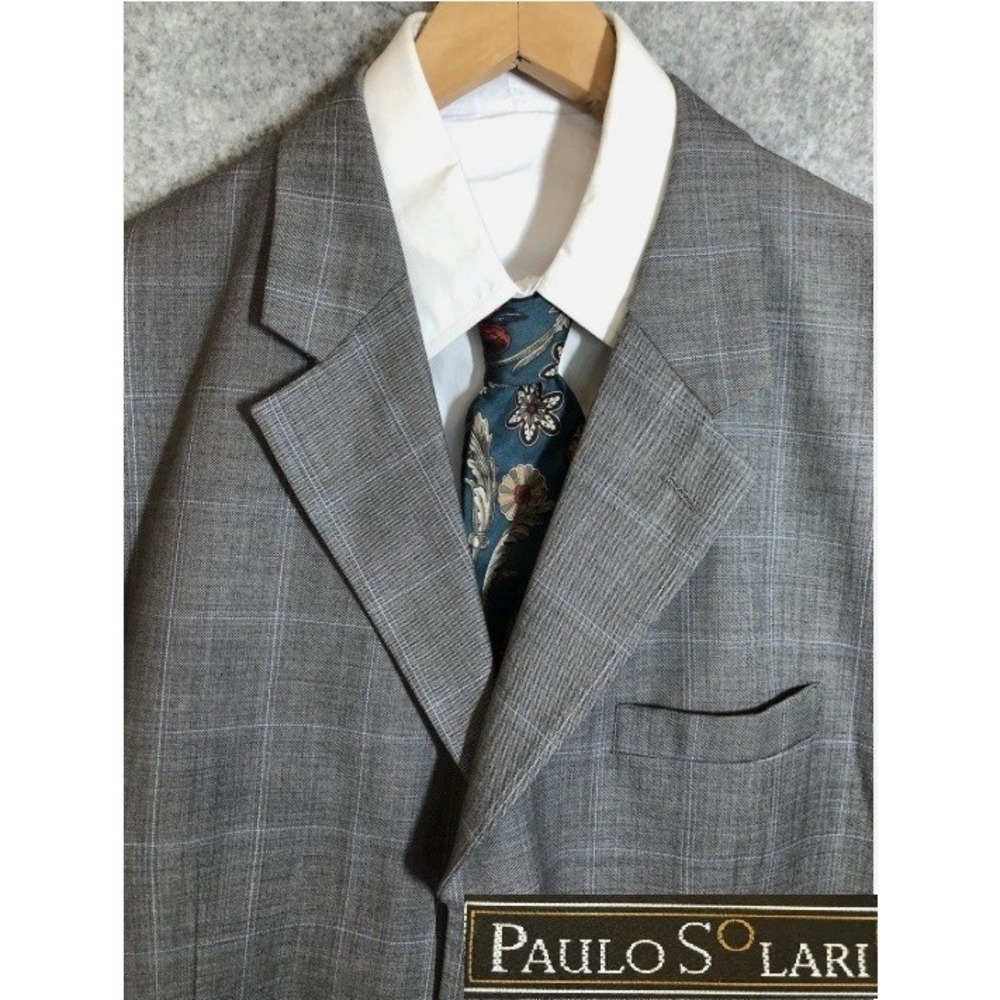 Paulo Solari  Mens Blazer 46L Gray Wool Windowpane Super 100 Wool Classic Career